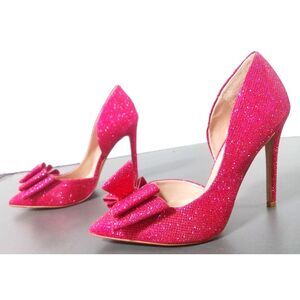 EUC Betsey Johnson Prince D'Orsay Pumps Pink All Over Glitter Bow Heels Size 7